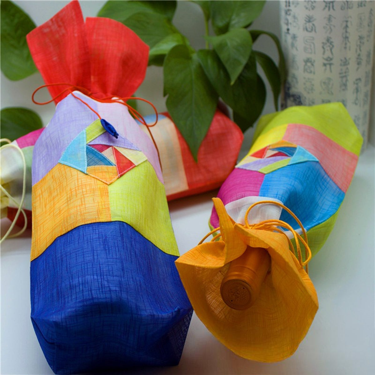 EclaDea Korean Traditional Hanbok styles Linen Wine Bottle Sleeves-4pcs